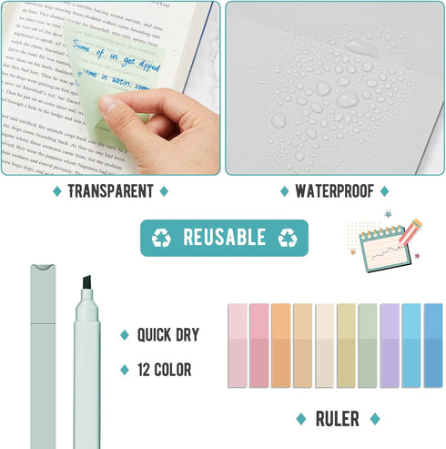 Book Annotation Kit, 1200 Sheets Transparent Sticky Notes, Index Tabs, and 12 Pcs Aesthetic Highlighter Set