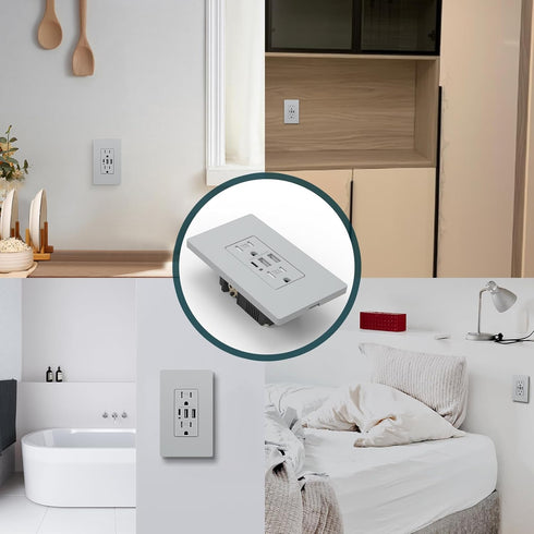 Grey USB Wall Outlet, 30W 6.0A Receptacles with Type A & C Ports, 15 Amp Tamper-Resistant Electrical Outlet
