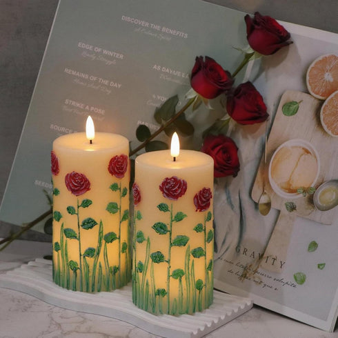 6 3D Decor((2Pcs, D3H6.5) Eldnacele Rose Flameless Candles with Hour Timer, Battery Operated Hand Painted Wick
