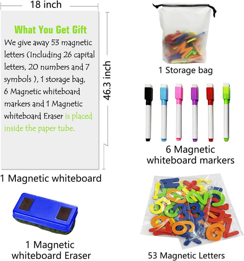 Magnetic Whiteboard Paper for Wall 46.3" x 18", Adhesive Dry Erase White Board Sticker with 53 Magnetic Letters, 6
