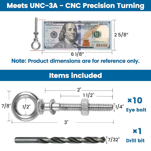 Muzata 10 Pack 1/4" x 2" Eye Bolts, Stainless Steel Eyebolt with Nuts Washers, Heavy Duty Shoulder Lifting Ring (Total