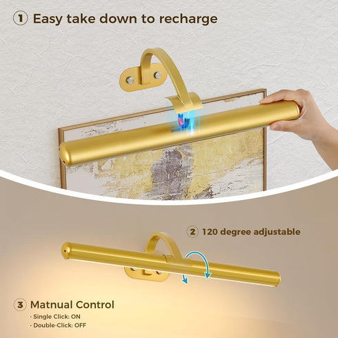 16.54 Inch 3 Dimmable Joossnwell Touch Control Picture Light, Gold Rechargeable Battery Wall Sconce, Magnetic CCT Art