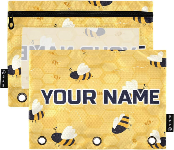 Gredecor Custom Binder Pencil Pouch 3 Ring for School Office Yellow Bees Honey
