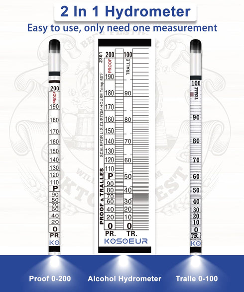 Hydrometer Alcohol Meter Kit for Liquor, 0-200 Proof and Tralle, Alcohol Tester with Test Jar for Distilling Spirits