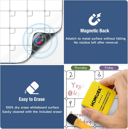 Magnetic Dry Erase Calendar for Refrigerator, Monthly Planner Board with Markers & Eraser - 14 x 11 Inches