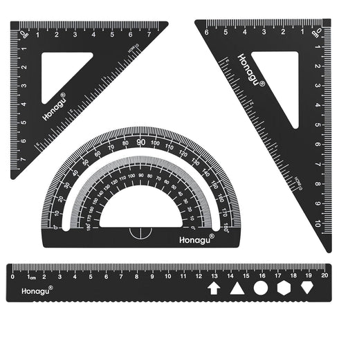 Honagu Triangular Ruler Set, 4 Pieces Aluminum Alloy Ruler, Metal Drafting Ruler for Students, Engineers, Office