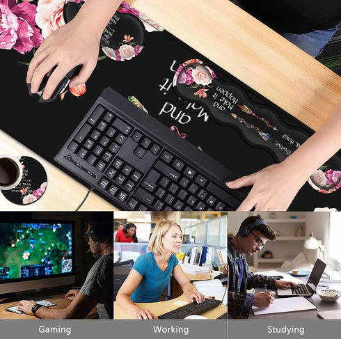Peony Flower Inspirational Quotes Large Mouse Pad with Wrist Support Set, Ergonomic Mouse Wrist Pad +XXL Gaming Pad