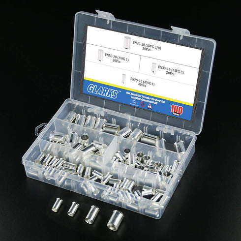 Glarks 100Pcs Copper Crimp Connector Ferrules Pin Cord End Terminal Assortment Kit, AWG 4 2 1 2/0, Silver Plated Non