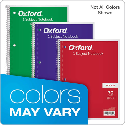 Oxford Spiral Notebooks, 1 Subject, Wide Ruled, 70 Sheets, 24 per Pack, Colors Vary