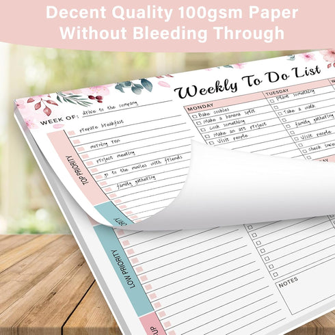 Weekly Desk Planner Pad, 8.5"×11", 52 Undated Tear Off Sheets, Spiral Binding, Pink, Organizer for Work, School, Home