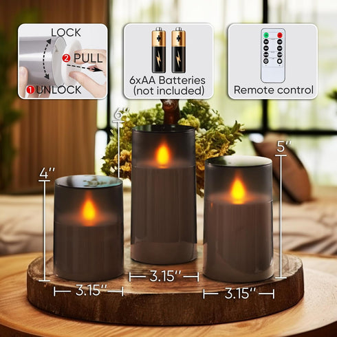 Set 3, Homemory Flameless Candles of Grey Acrylic LED Candles Upgraded Realistic Battery Operated Flames with Remote