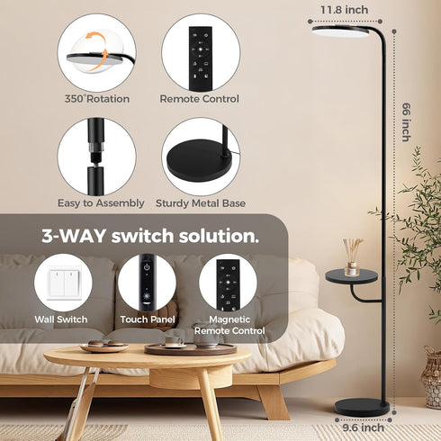 36W Dimmable 350Rotating LED Floor Lamp with Table & Shelves, Minimalist Stepless Torchiere with Dual Control (Remote