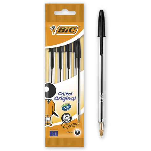 BIC Cristal Ballpoint Pen, Black, Pack of 4, Comfortable Medium Point (1.0 mm) Super-Durable Pens