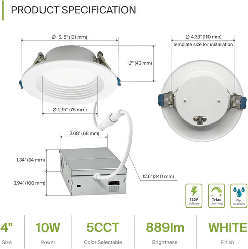 1 Pack 4 Inch 10W 889LM, 5CCT 2700K-5000K CRI90+, Dimmable T24, ASD Deep Regressed Baffle Trim Recessed Light, LED