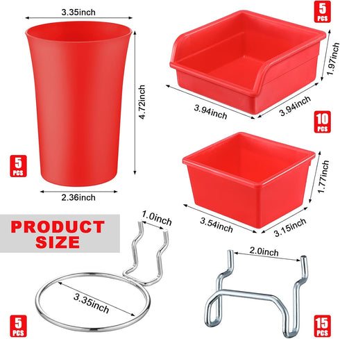 20 Pack Pegboard Cups and Bins Set, Wall Organizer with Hooks and Loops for Garage Craft Office Storage