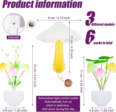 6 Pack 7 Mudder Mushroom Night Light LED Night Light Plug in Lamp Color Changing Magic Cute Shaped Lamp Wall Decor