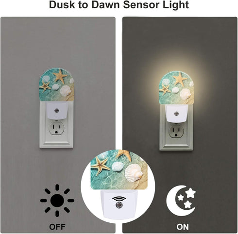 sndheke Summer in,0.5w Starfish and Seashell Night Light Plug into Wall, Beach Ocean Waves Dusk to Dawn Night Light