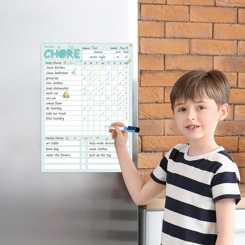 CLEVER CLEAN Magnetic Dry Erase Chore Chart, 8.5"x12" Behavior Responsibility Board for Kids, 6 Extra Fine Point