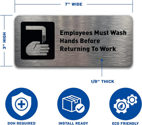 Employees Must Wash Hands Before Returning to Work Sign - Bathroom Sign with Adhesive Strips, 7"W x 3"H (Brushed