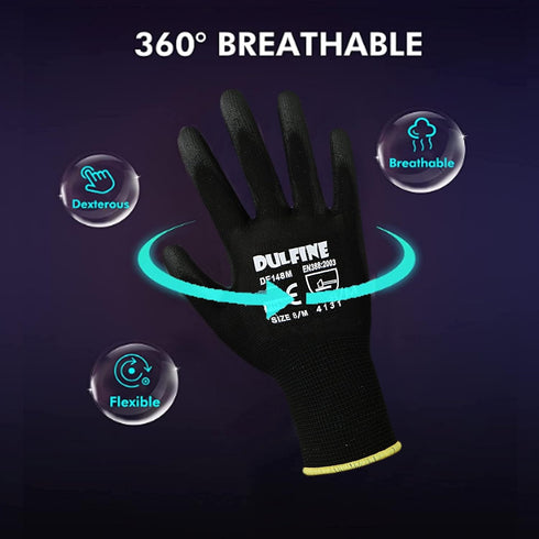 DULFINE Ultra-Thin PU Coated Work Gloves, 12 Pairs, Excellent Grip, Black Polyurethane Coated Safety Gloves (Medium)