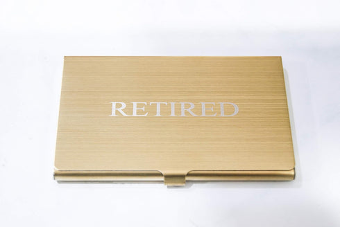 RXBC2011 Funny Retirement Gift Business Cards (Pack of 50) with Gold Stainless Steel Case for Retired Men Women