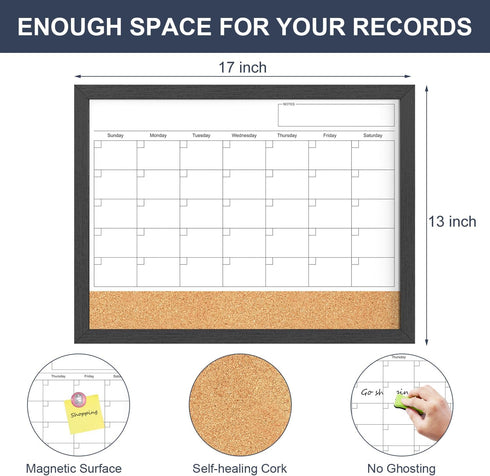 Dry Erase Calendar for Wall, 17"x13" Cork Board Combo with Magnetic White Board