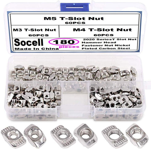 Socell 180Pcs 2020 Series T Nuts, M3 M4 M5 T Slot Nut Hammer Head Fastener Kit, Nickel Plated