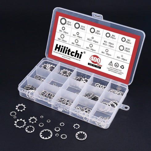 Hilitchi 400-Pcs Assortment Kit of 304 Stainless Steel External Internal Tooth Star Lock Washers - M2 M3 M4 M5 M6 M8