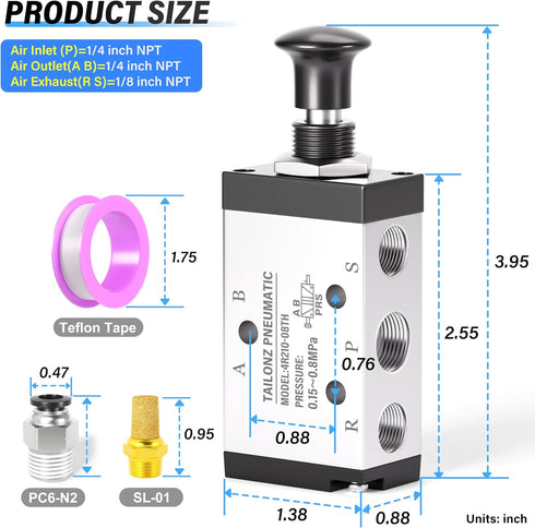 TAILONZ PNEUMATIC 1/4"NPT 5 Way 2 Position Spring Reset Air Hand Lever Operated Valve Pneumatic Solenoid Valve Manual Control Push-Pull 4R210-08-TH by TAILONZ PNEUMATIC