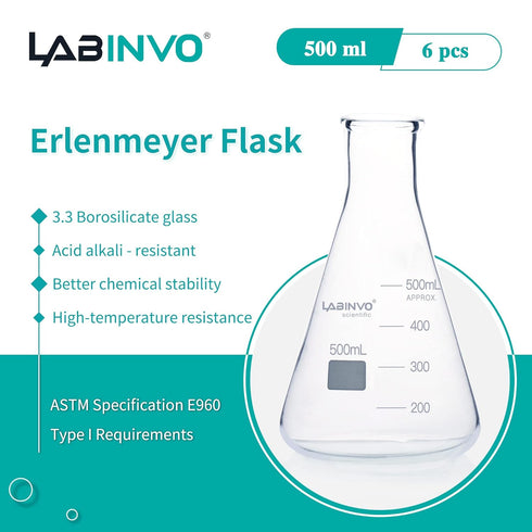 500ML Glass Erlenmeyer Flask, Narrow Mouth Graduated Conical Flask Set, 6pcs of 3.3 Borosilicate Glass