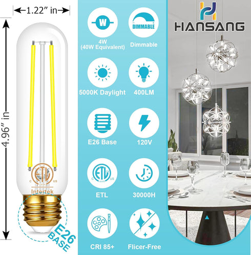 hansang T10 LED Bulb for Chandelier E26 Base, 5000K Daylight, Edison Bulbs 40 Watt Equivalent, E26 Base, Dimmable Tubular LED Light Bulbs, Decorative Vintage Light Bulbs, 120V, CRI85+, 400LM, 6 Pack by hansang