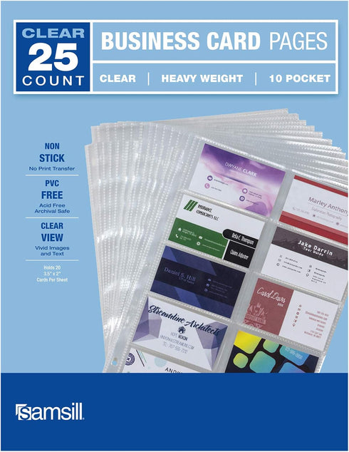Samsill Business Card Sleeves, 25 Pack Holds 500 Cards, 3.5 x 2 Inch, Archival Safe for 8.5 x 11 Inch Binders