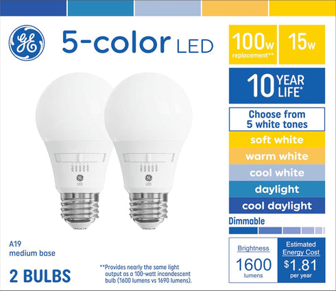 GE Color Select LED 100 Watt Replacement, A19 General Purpose Bulbs (2