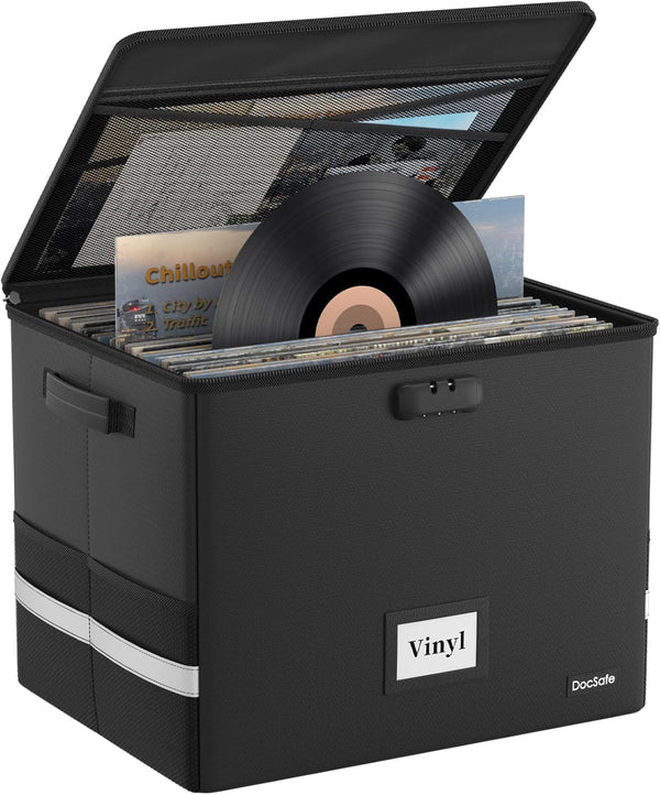 DocSafe Fireproof Vinyl Record Storage Box with Lock, Large Organizer for 150+ Single Records