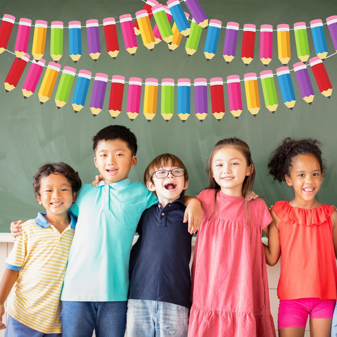Doumeny 4Pcs Colorful Crayon Paper Banner Back to School Pencil Bunting Garland Colorful Pencil Hanging Bunting First