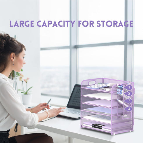 SUPEASY 6 Tier Paper Organizer with 4 Pen Holders, Mesh Desk Organizer for A4 File Folder, Purple