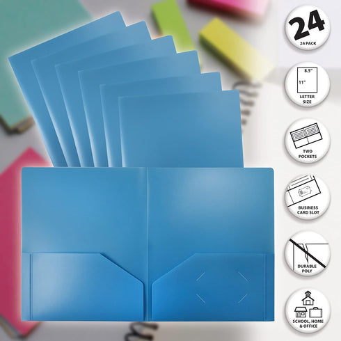 Better Office Products 24 Pack Heavyweight Light Blue Plastic 2 Pocket Portfolio Folder, Letter Size