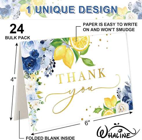 Summer 24 Pack Whaline Blue Lemon Floral Thank You Cards Bulk Watercolor Flower Lemon Thank You Note Card with Stickers