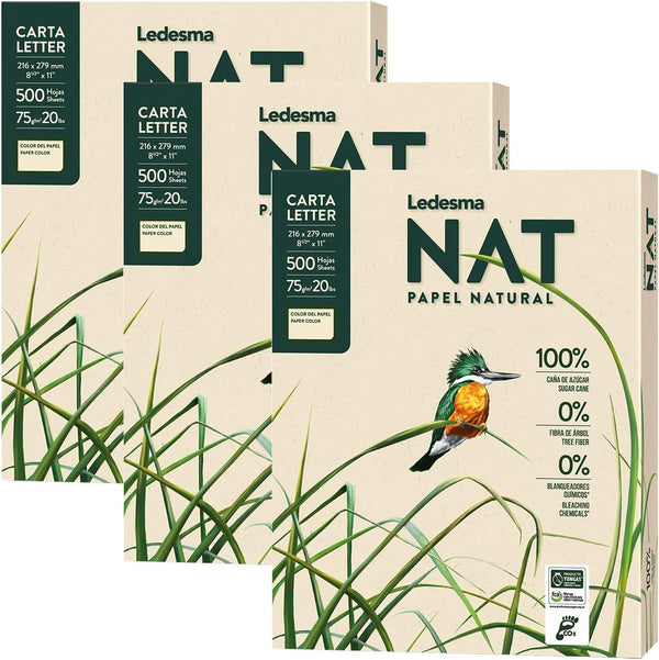 Ledesma NAT Letter Size 8.5"x11" Sugarcane Pulp Printer Paper, 75 GSM, Unbleached, 3 Reams - 1500 Sheets