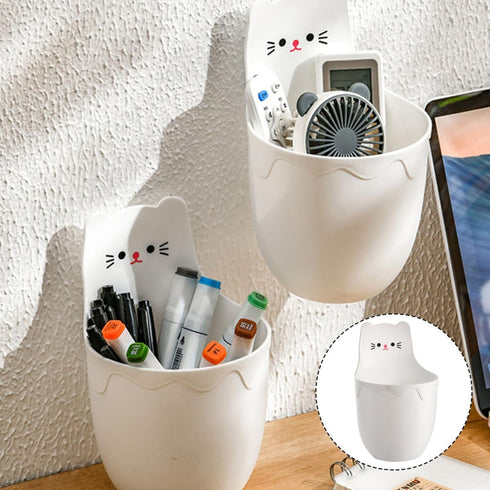 VILLCASE Wall-mounted Desk Side Holder Pen Box with Cartoon Cat Pattern, White Multifunctional Hanging Organizer