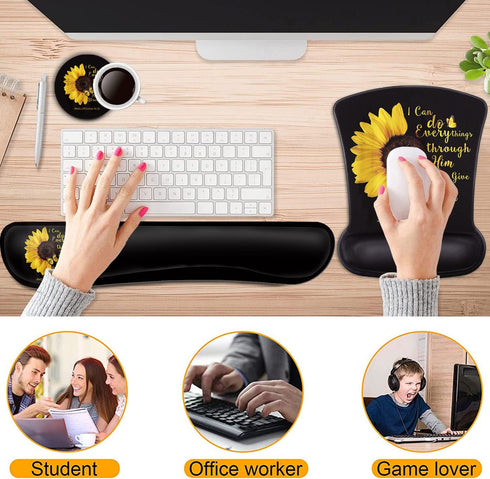 Keyboard Wrist Rest and Mouse Pad Support Set, Bible Verse Philippians 4:13 Sunflower Ergonomic Gel Mouse Pad, Easy