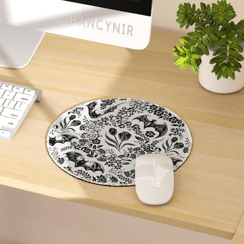 Hancynir Goth Bat Floral Mouse Pad for Desk, Gothic Small Cute Mousepad with Non-Slip Base, Round Mouse Pads