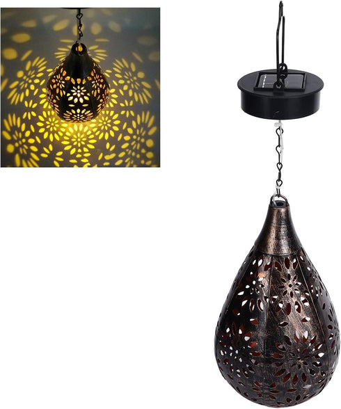 Zerodis Solar Porch Decorative Light Hanging Solar Light Hollow Iron Pattern Auto On Off Powered Outdoor Chandelier