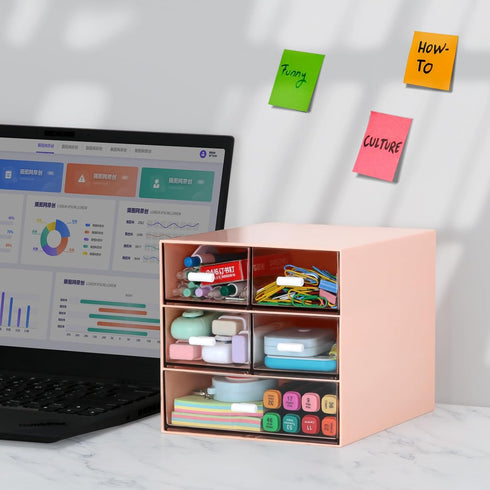 Desk Organizer with 5 Drawers, Rectangular Office Stationery Supplies, Plastic Makeup Storage for Office, Pink