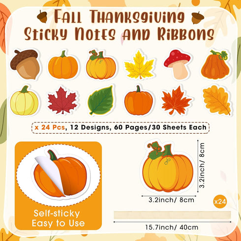 Pasimy 24 Set Fall Sticky Notes and Pens - Classroom Gifts, Thanksgiving Pens, Pumpkin Maple Leaf Notepads (Orange,