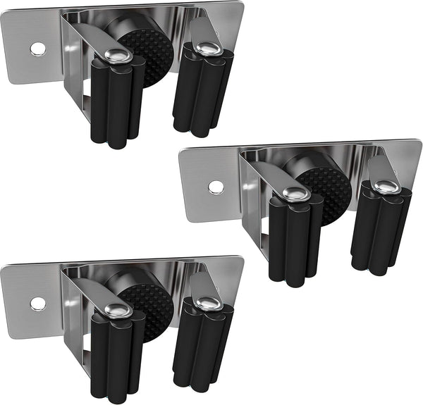 Heavy Duty Broom and Mop Holder Wall Mounted, SUS304 Stainless Steel Tool Organizer for Laundry Room (Black 3 Pack)