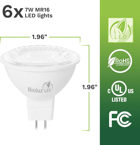 Bioluz LED 6 Pack MR16 LED Bulb 50W Halogen Replacement Non-Dimmable 7w 3000K 12v AC/DC UL Listed Pack of 6 by Bioluz LED