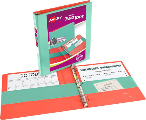 Avery Two-Tone Durable View 3 Ring Binder, 1 Inch Slant Rings, Mint/Coral Binder (17288) by AVERY