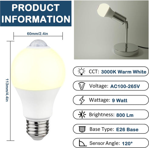 Motion Sensor Light Bulbs - 9W (60W Equivalent) E26 Motion Activated LED Light Bulb 3000K Warm White Dusk to Dawn Security Bulb Auto On Off Indoor Outdoor for Front Door Porch Basement Closet(2 Pack) by U4GLORY