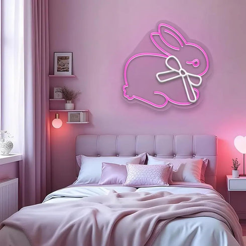 Bunny with Bow LED Neon Sign, Cute Rabbit Night Light, Girl's Room Decor Idea, Baby Shower Gifts, Custom Neon Sign